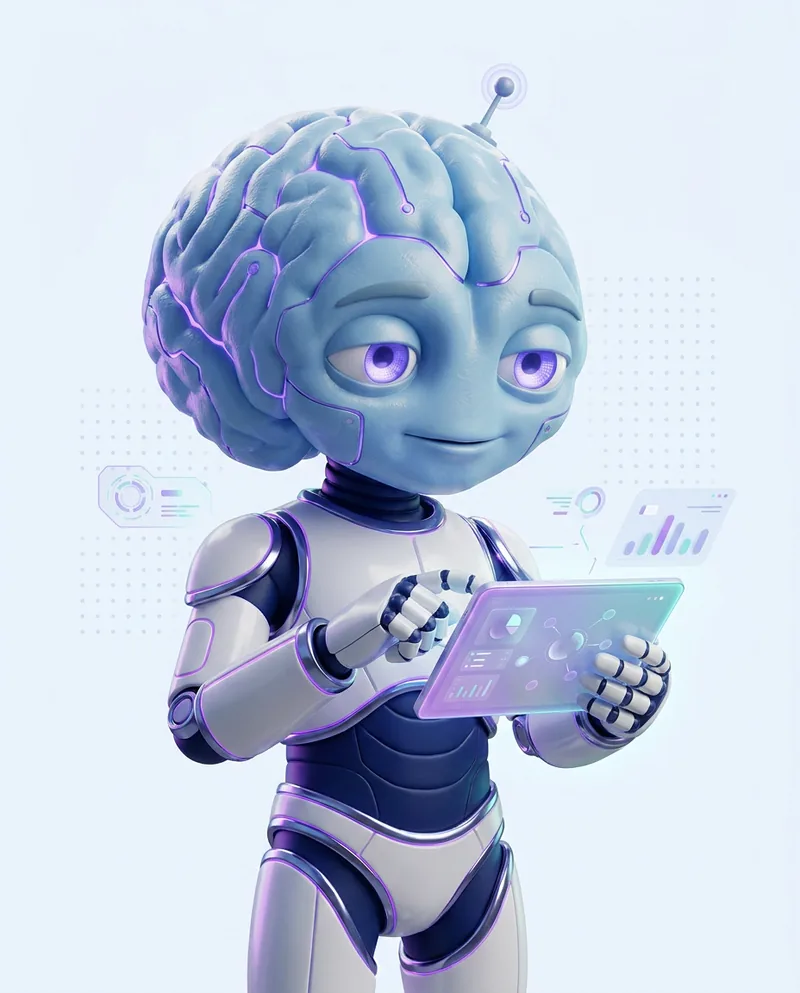 Mascote-cérebro Emotize com tablet