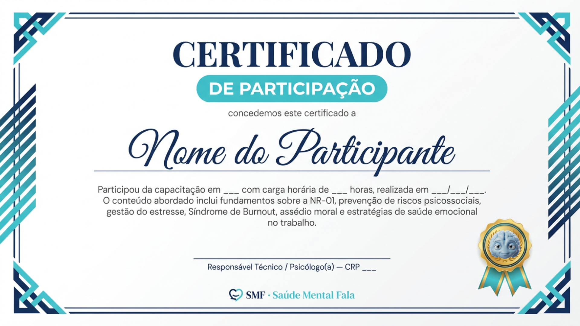 Modelo do certificado de participação emitido pelo Saúde Mental Fala